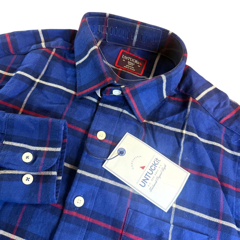 UNTUCKit Andes Blue Plaid Flannel Shirt Slim Fit Mens S Button Down Long Sleeve